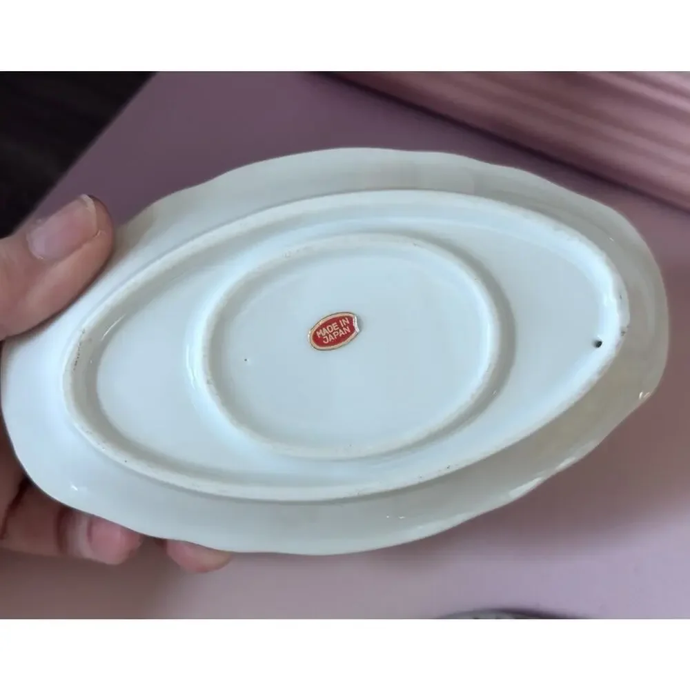 Vtg Lefton China hand painted Sugar Bowl Lid & Attached Underplate Cottage